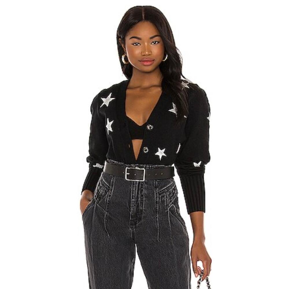 Cinq a Sept Morgan Cardigan Star Knit Sweater Navy Large Cropped Cotton